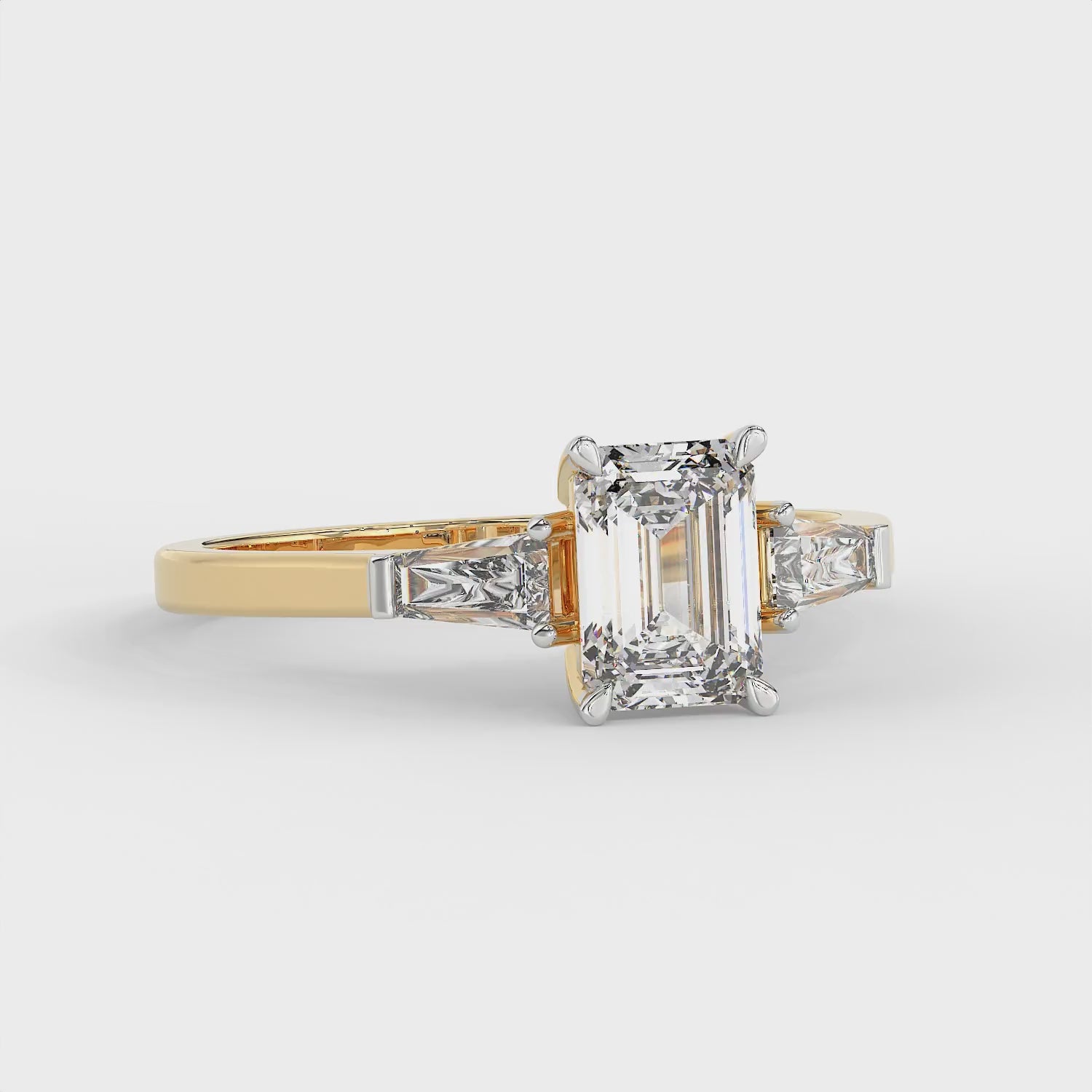1.3 CT Emerald Cut Moissanite Trilogy Engagement Ring with Tapered Baguette Side Stones in 925 Sterling Silver