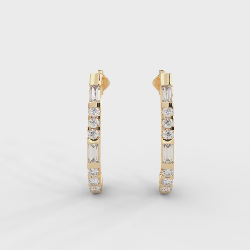 0.82 CARAT DEW Straight Baguette Moissanite J-Hoop Earrings in 14K Yellow Gold Plated