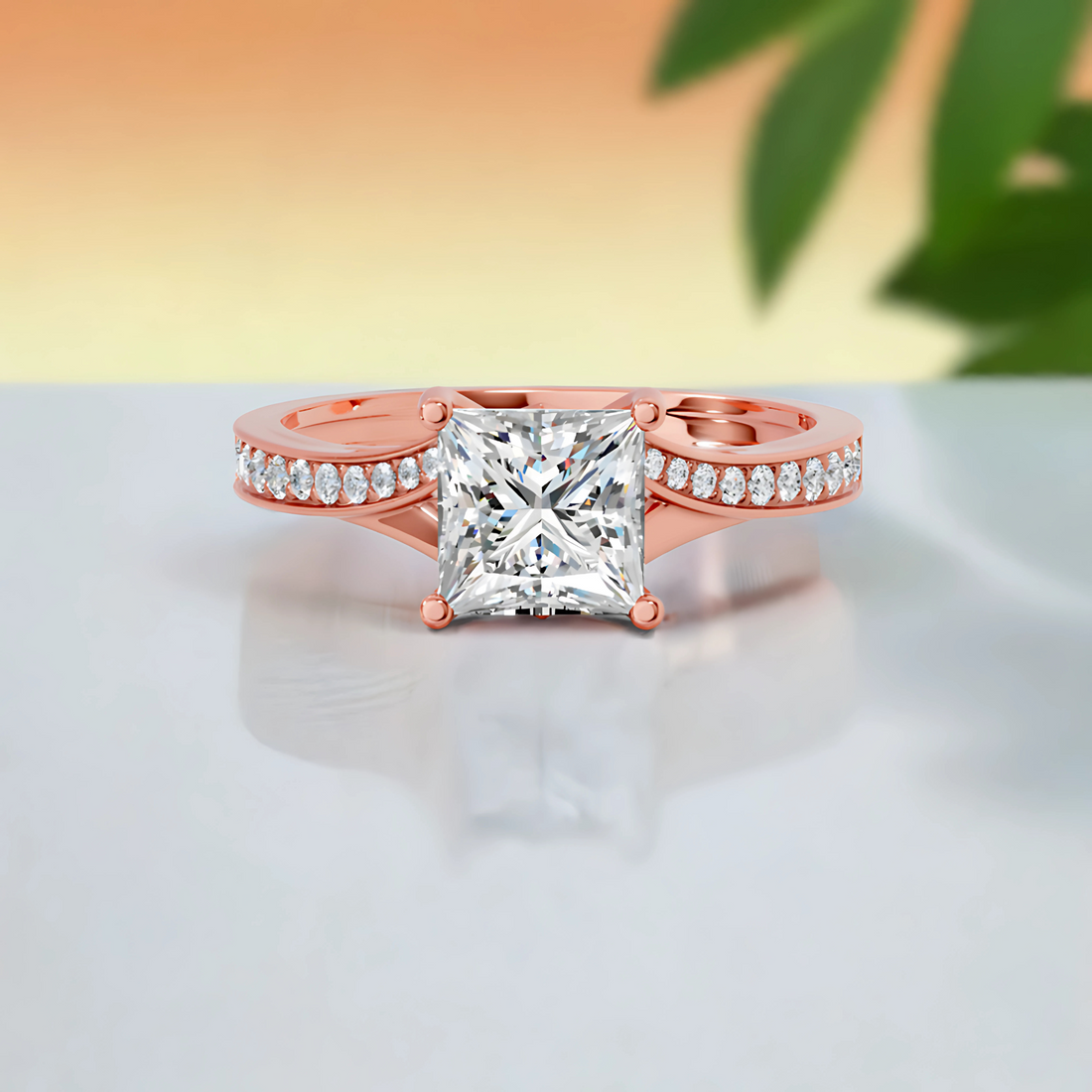 1.03 CARAT Square Moissanite Solitaire with Side Accents Engagement Ring in 14K Yellow Gold Plated