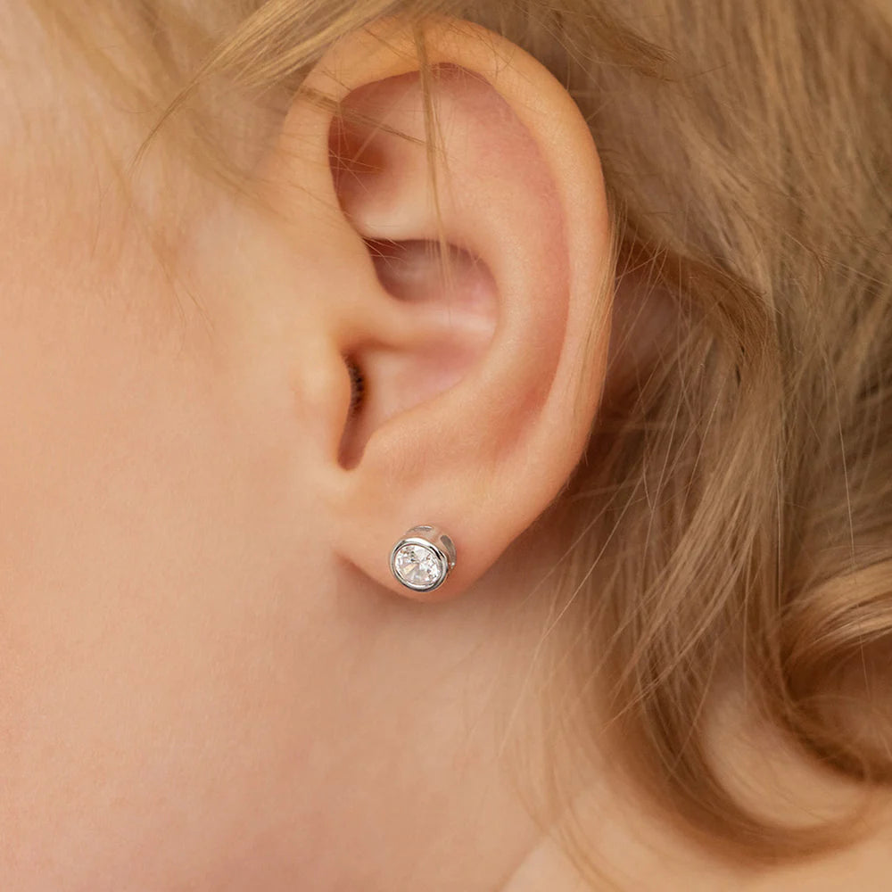 Sterling Silver Round Bezel Stud Earrings for Girls with Cubic Zirconia