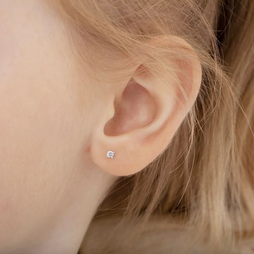 Solitaire Screw Back Stud Earrings for Kids – Sterling Silver with Cubic Zirconia