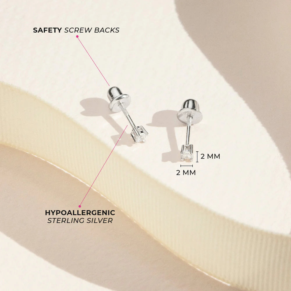 Solitaire Screw Back Stud Earrings for Kids – Sterling Silver with Cubic Zirconia