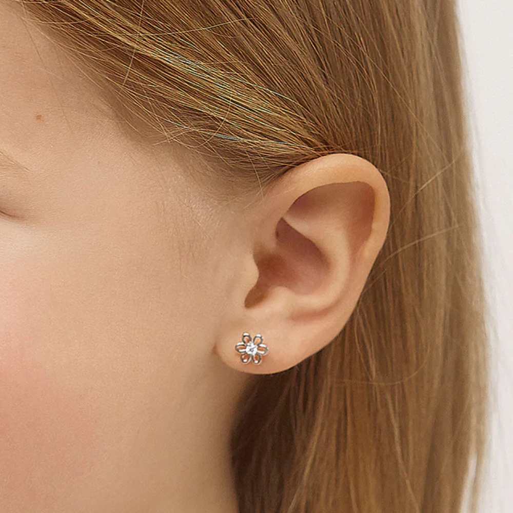 Blooming Spring Flower Earrings for Children with Cubic Zirconia and Sterling Silver