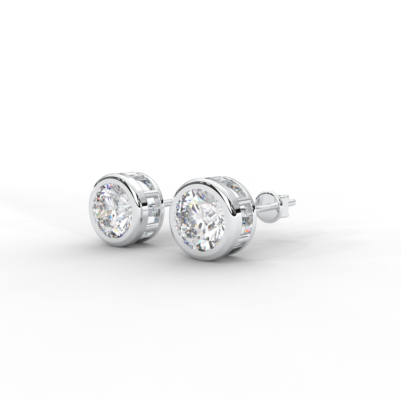Round Moissanite Bezel Set Stud Earrings - 1 CARAT in 14K White Gold Plated