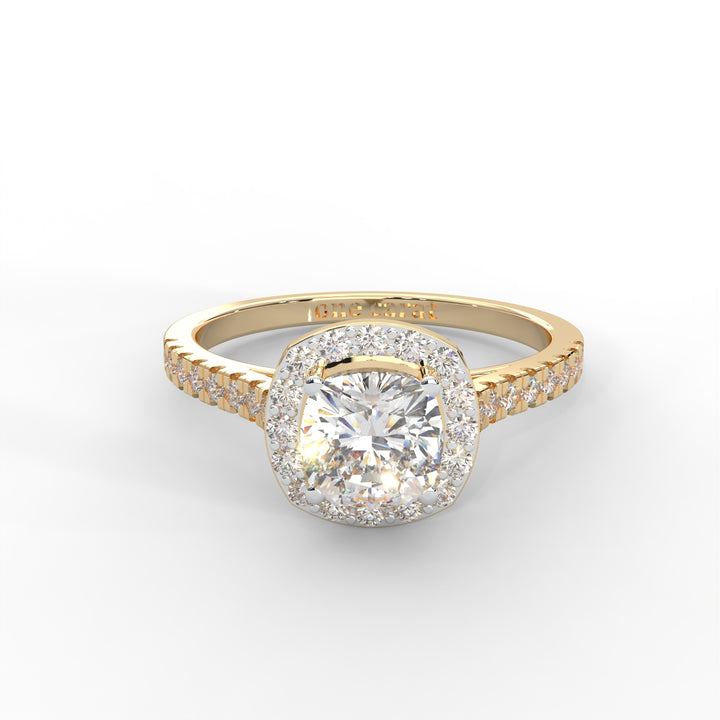 Cushion Moissanite Halo with Side Accents Ring - 1 CARAT in 14K Yellow Gold Plated