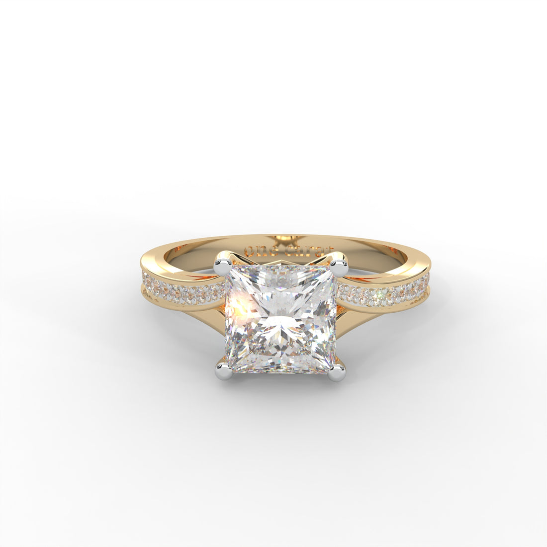 1.03 CARAT Square Moissanite Solitaire with Side Accents Engagement Ring in 14K Yellow Gold Plated