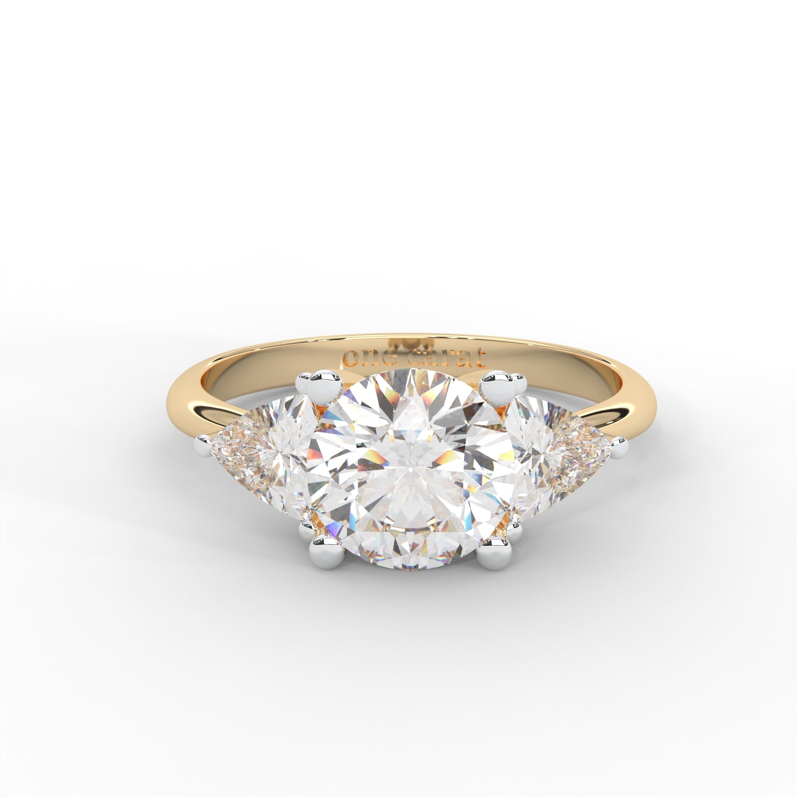 1 CARAT Round Moissanite Signature Hearts & Arrows Round Three Stone Ring in 14K Yellow Gold Plated