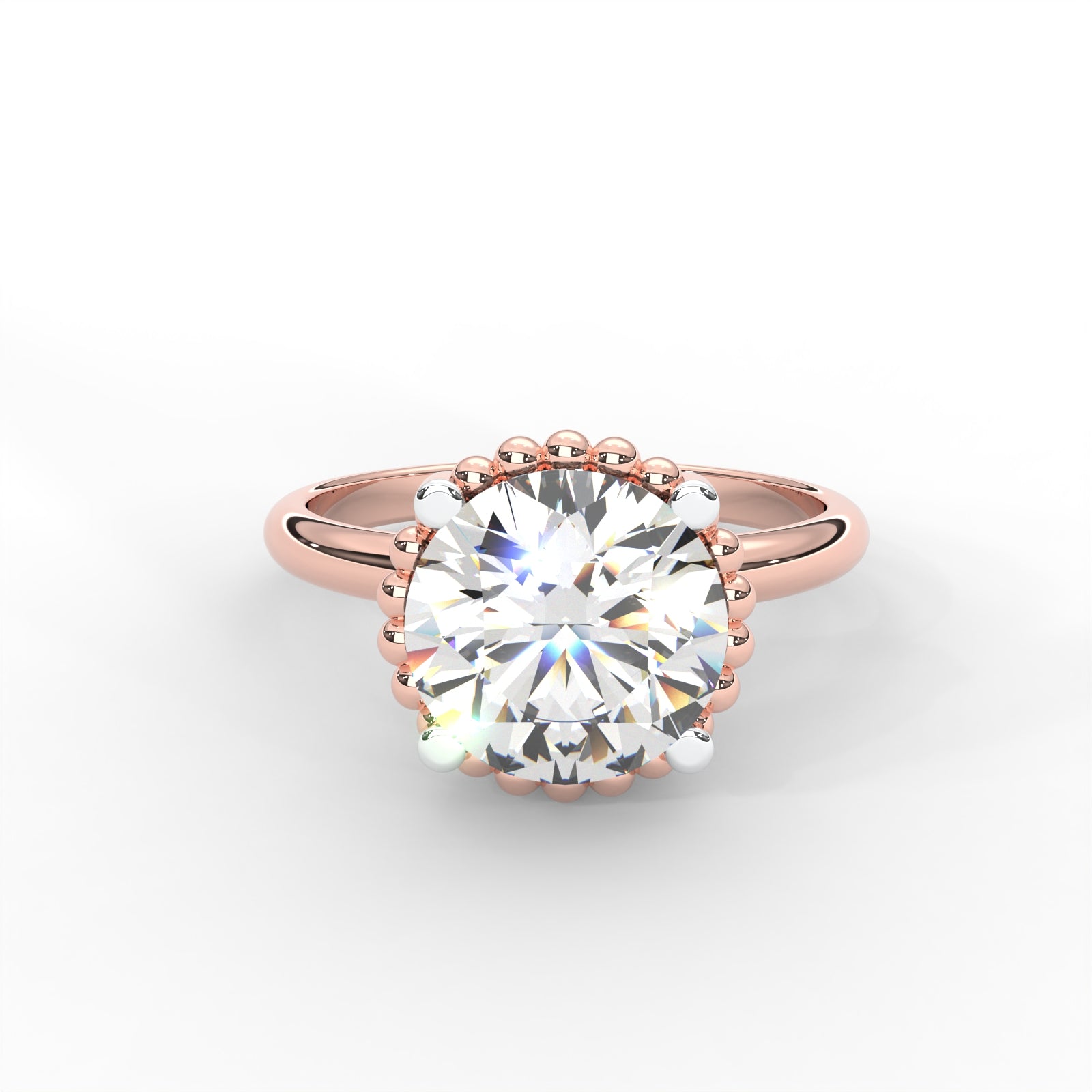 Round Moissanite Beaded Solitaire Ring - 1 CARAT in 14K Rose Gold Plated