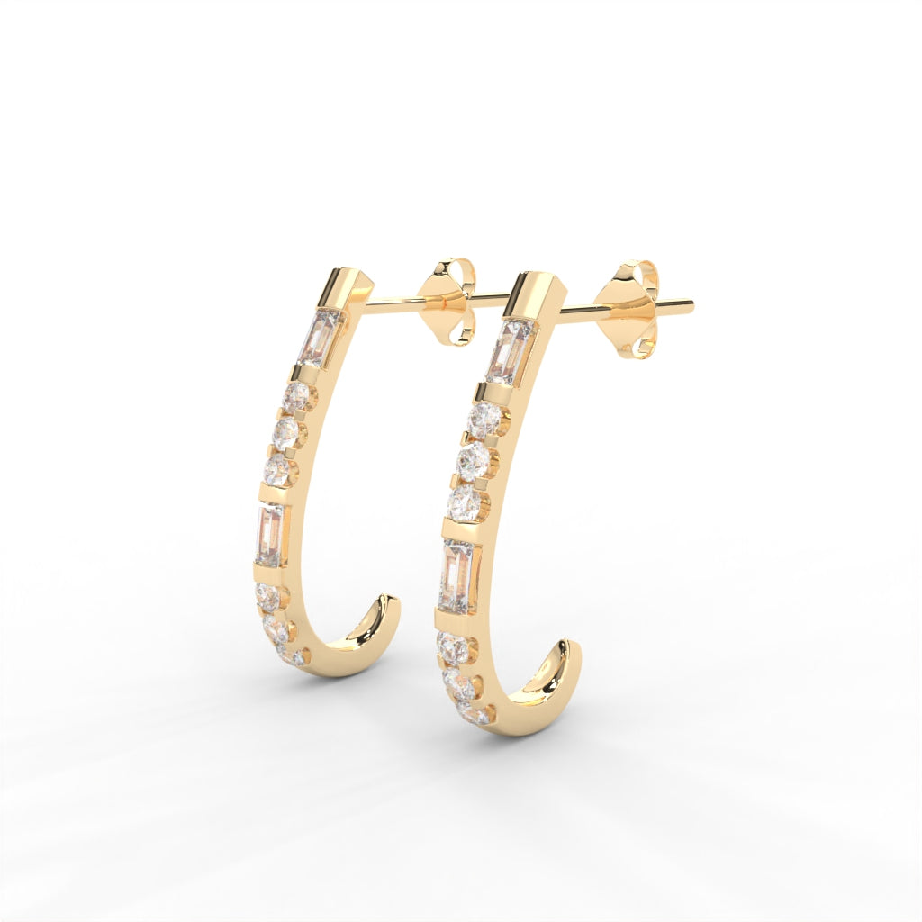 0.82 CARAT DEW Straight Baguette Moissanite J-Hoop Earrings in 14K Yellow Gold Plated