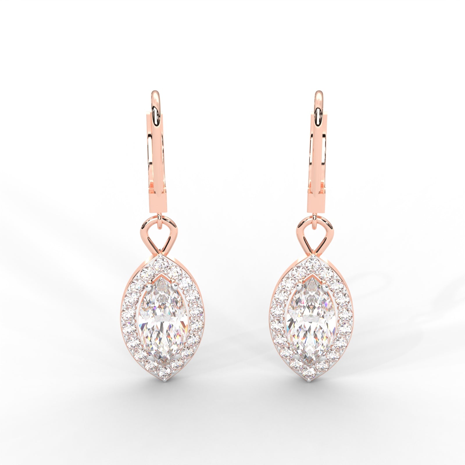 0.95 CARAT Marquise Moissanite Halo Drop Earrings in 14K White Gold Plated