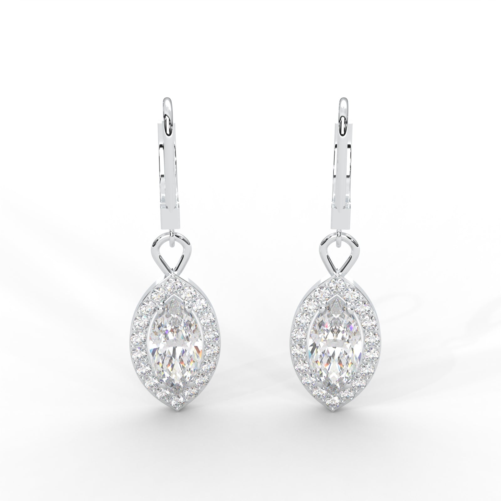 0.95 CARAT Marquise Moissanite Halo Drop Earrings in 14K White Gold Plated