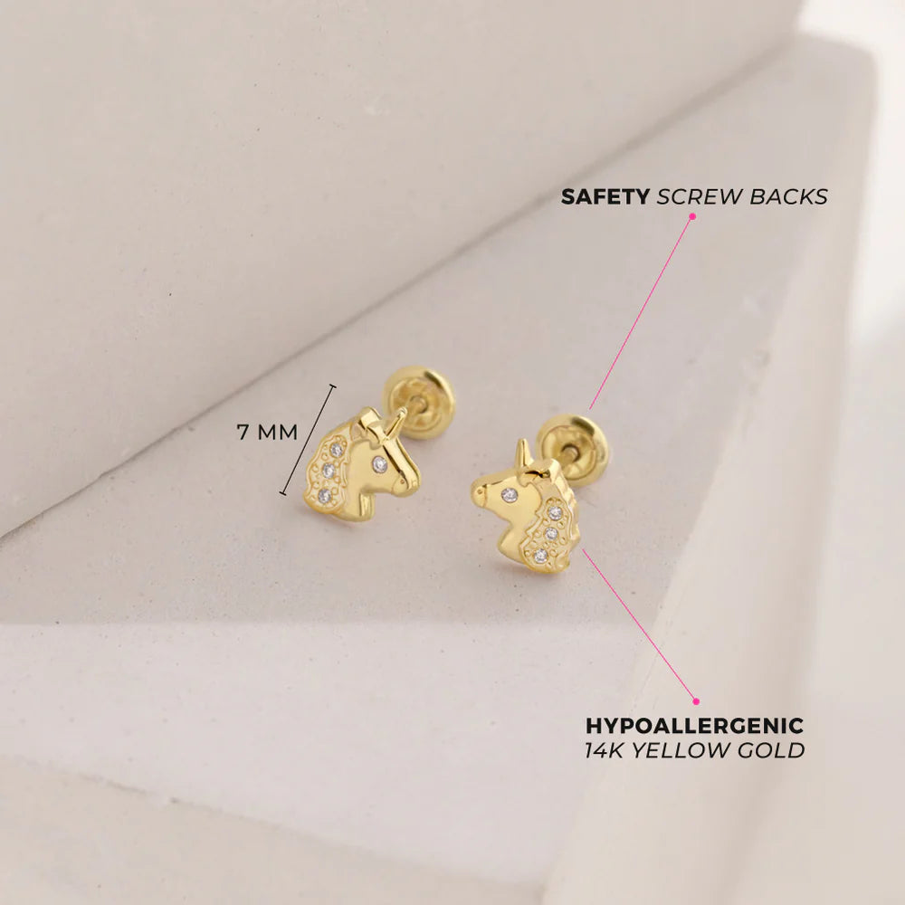 14K Gold Plated Sterling Silver Unicorn Earrings with Sparkling CZ for Girls
