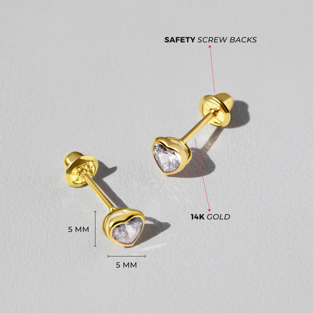 Bezel Set Cubic Zirconia Heart Stud Earrings for Baby Girls in 14K Gold Plated Sterling Silver